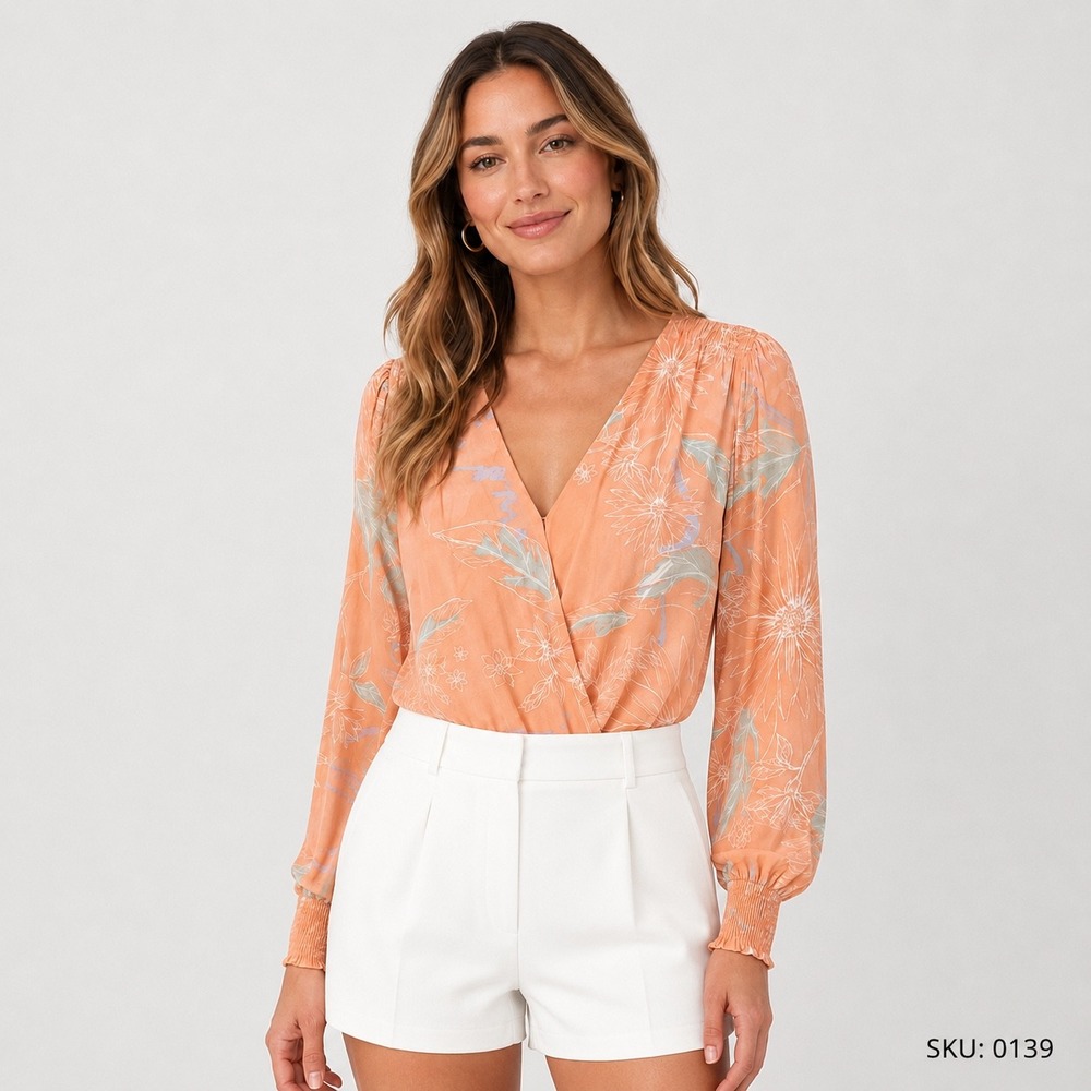 ASTR The Label Peach Orange Floral Surplice Wrap Bodysuit ACT15781 Womens Large